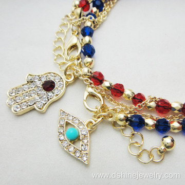 Multilayer Crystal Beads Chain Hamsa Evil Eye Charm Bracelet